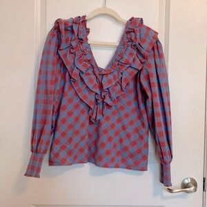 NWOT SUNDAYS pink and purple, blue checked long‎ sleeved top with v neck